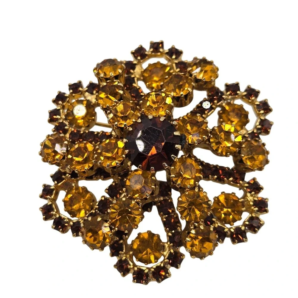 VTG Brooch Tiered Boho Cluster Root Beer Rhinestone Floral‎ Autumn Fairycore Pin